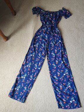 Kingston Grey Floral Off-Shoulder Jumpsuit - Navy Junior Size S